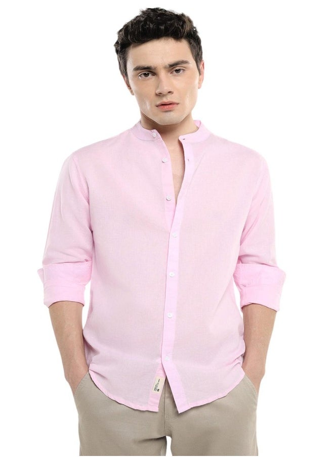 Pink Slim Fit Mandarin Collar Shirt for Men - Cotton, Solid, Full Sleeves, Casual