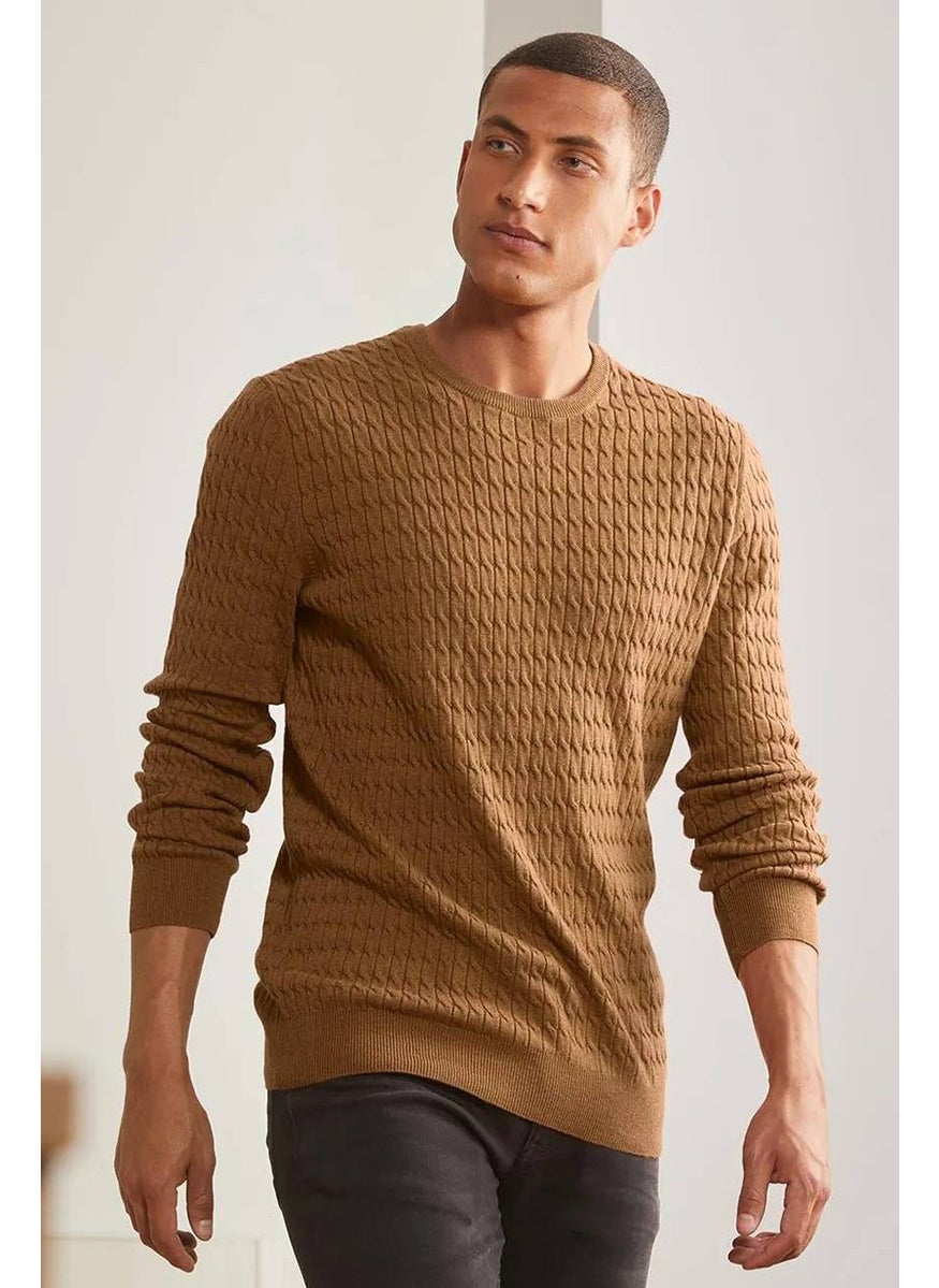 Men Crew Neck Long Sleeve Textured Sweater, Brown