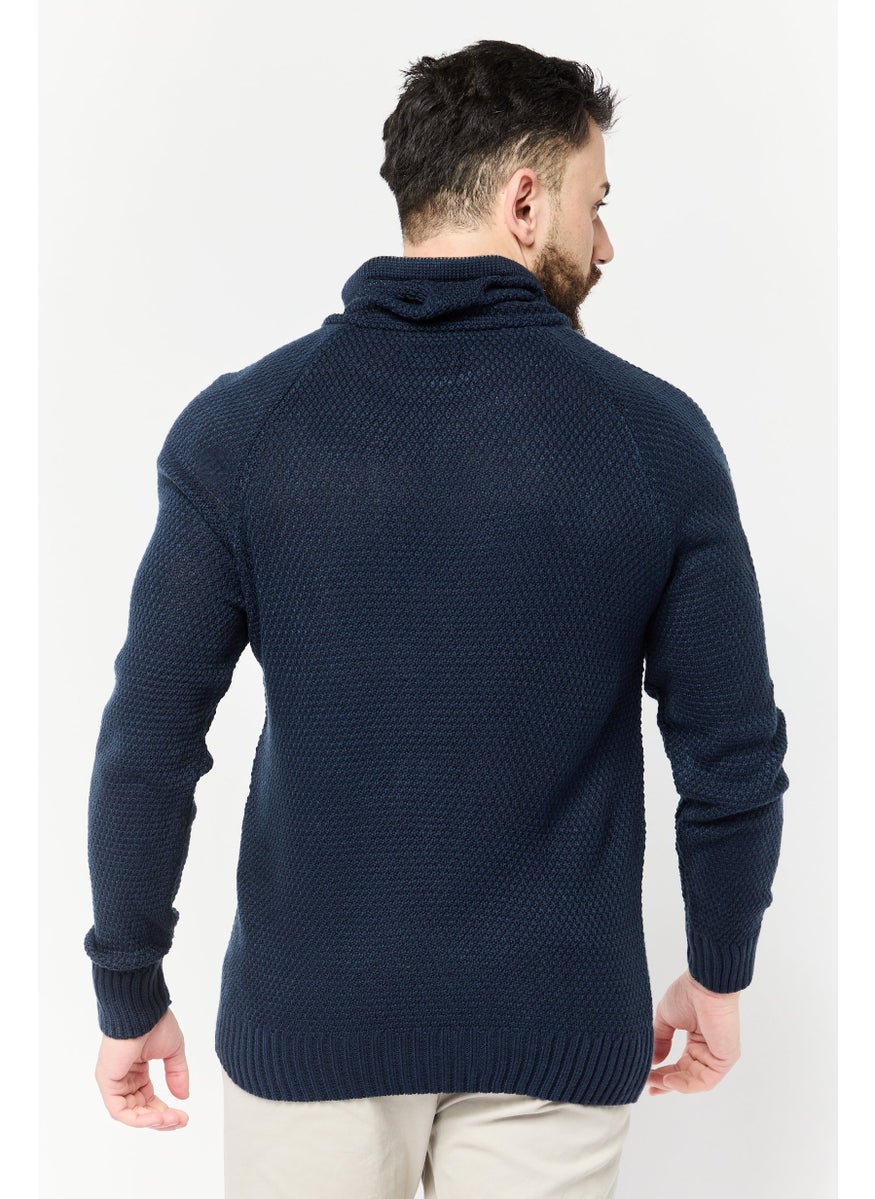 Men High Neck Knitted Sweater, Navy