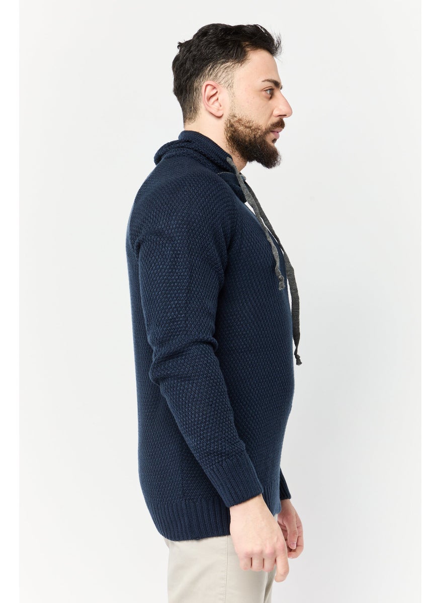 Men High Neck Knitted Sweater, Navy