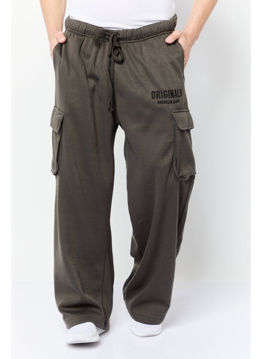 Men Regular Fit Embroidered Logo Cargo Pants, Dark Grey