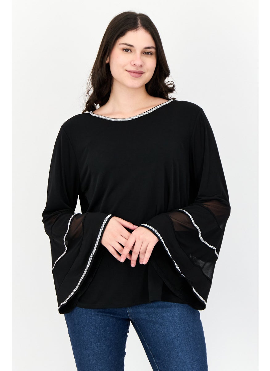 Women Round Neck Bell Sleeves Embellished Blouse, Black
