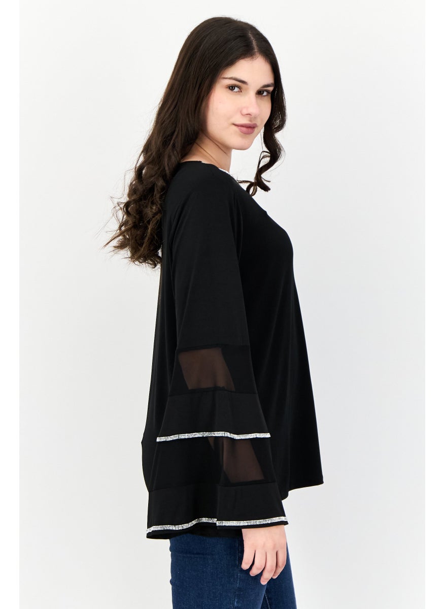 Women Round Neck Bell Sleeves Embellished Blouse, Black