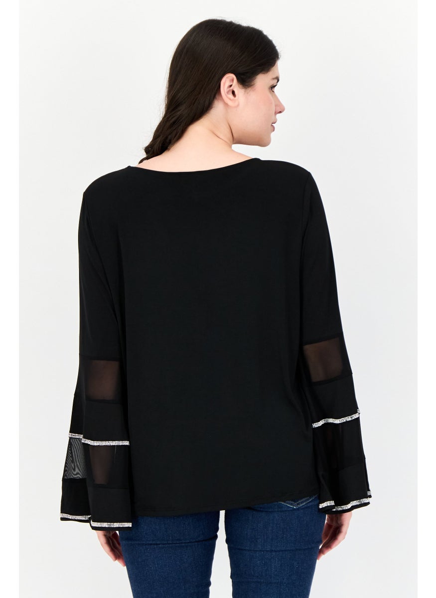 Women Round Neck Bell Sleeves Embellished Blouse, Black