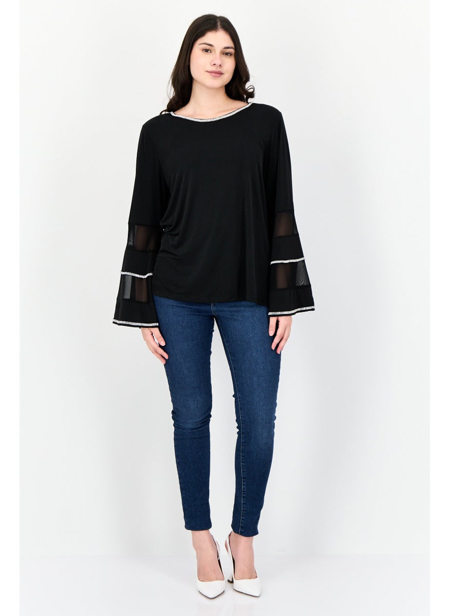 Women Round Neck Bell Sleeves Embellished Blouse, Black