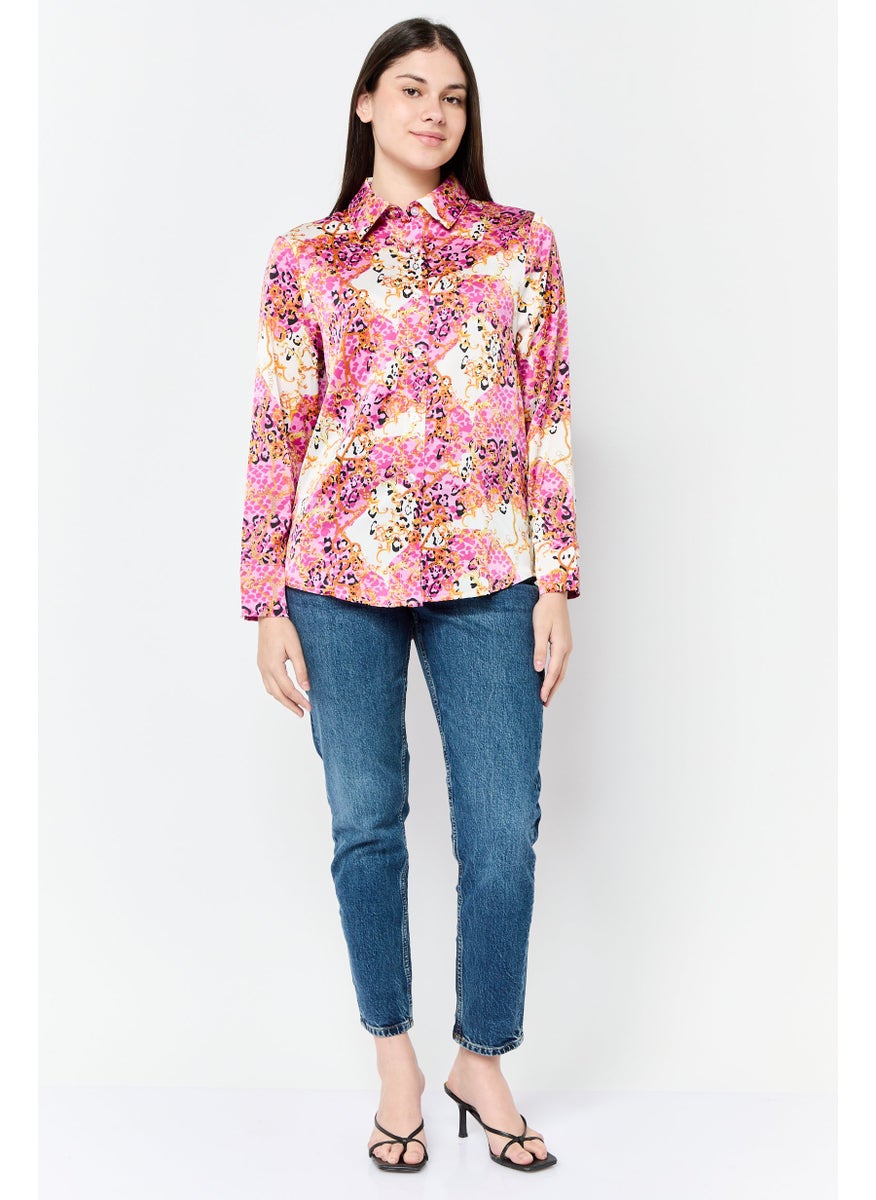 Women Spread Collar Long Sleeves Allover Print Satin Shirt, Multicolor