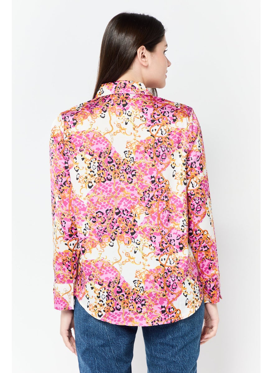 Women Spread Collar Long Sleeves Allover Print Satin Shirt, Multicolor