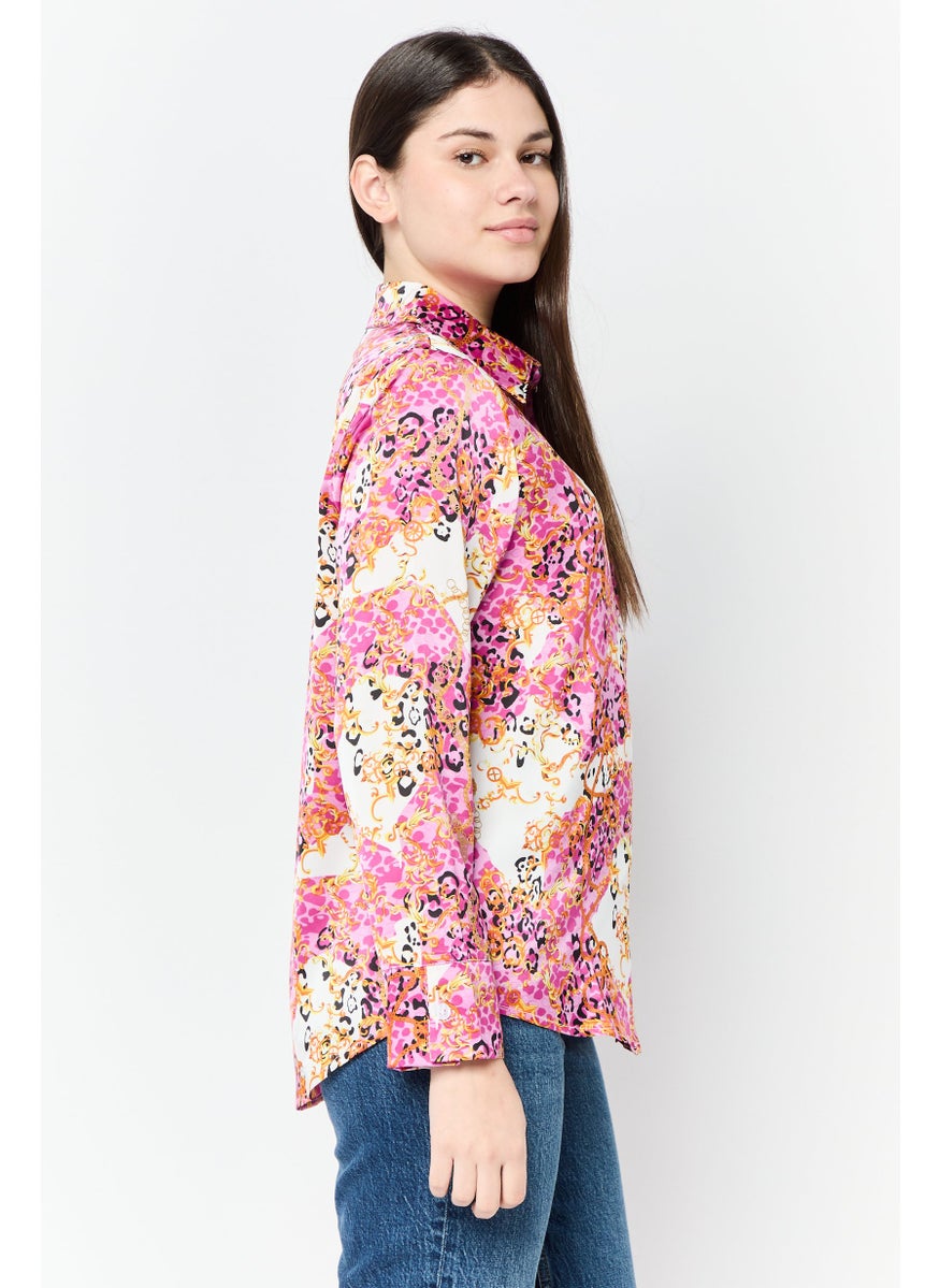 Women Spread Collar Long Sleeves Allover Print Satin Shirt, Multicolor