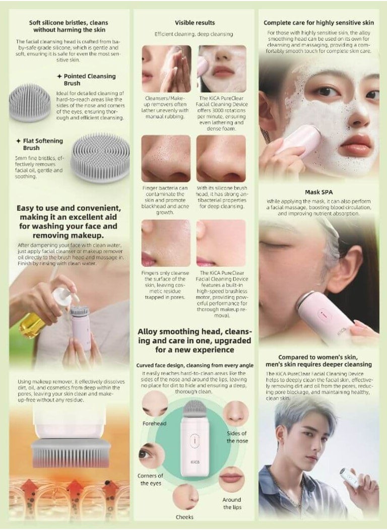 Kica PureClear Facial Cleansing Brush - soft silicone bristles, waterproof design, wireless charging, and a multi-functional alloy head KiCAPFCB (White)