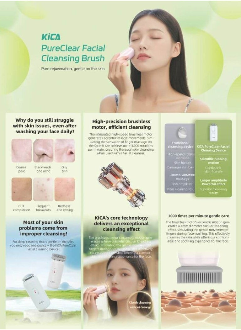 Kica PureClear Facial Cleansing Brush - soft silicone bristles, waterproof design, wireless charging, and a multi-functional alloy head KiCAPFCB (White)