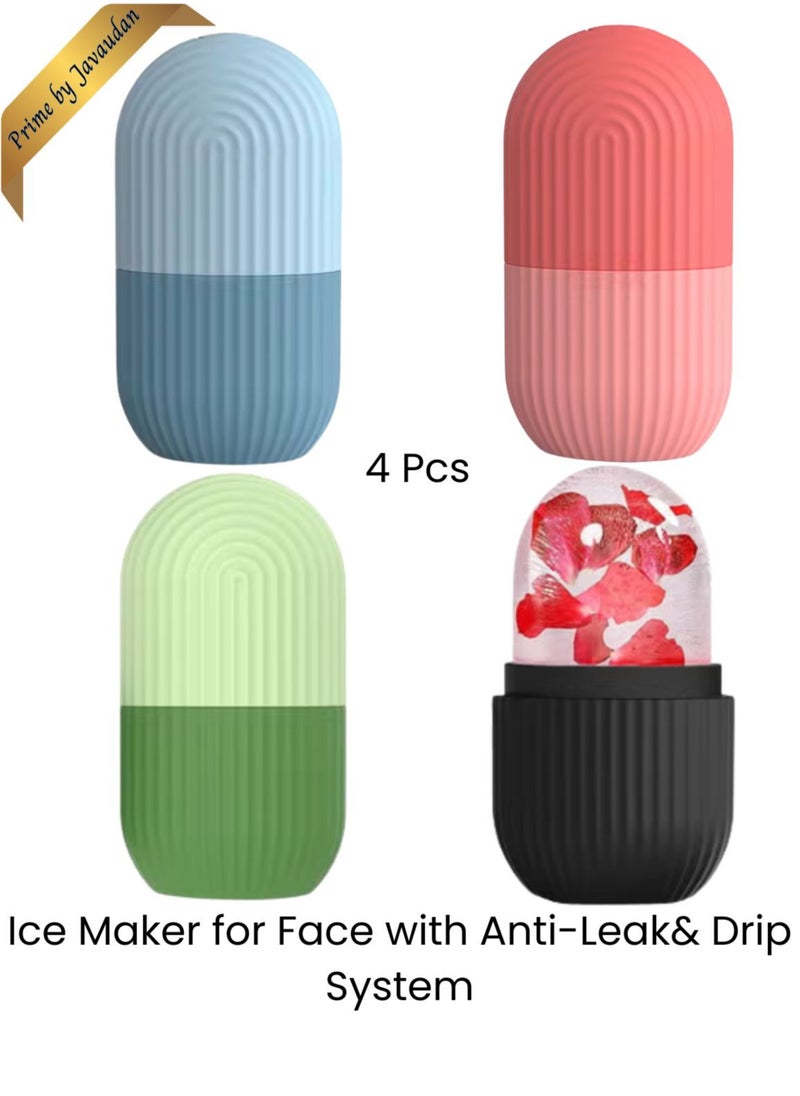 Ice Mold Ice Maker for Face with Anti-Leak& Drip System, Contour Cube Ice Roller, Silicone Ice Holder for Face Ice Face Roller Skin Care Tools Gift for Women - 4 Pcs