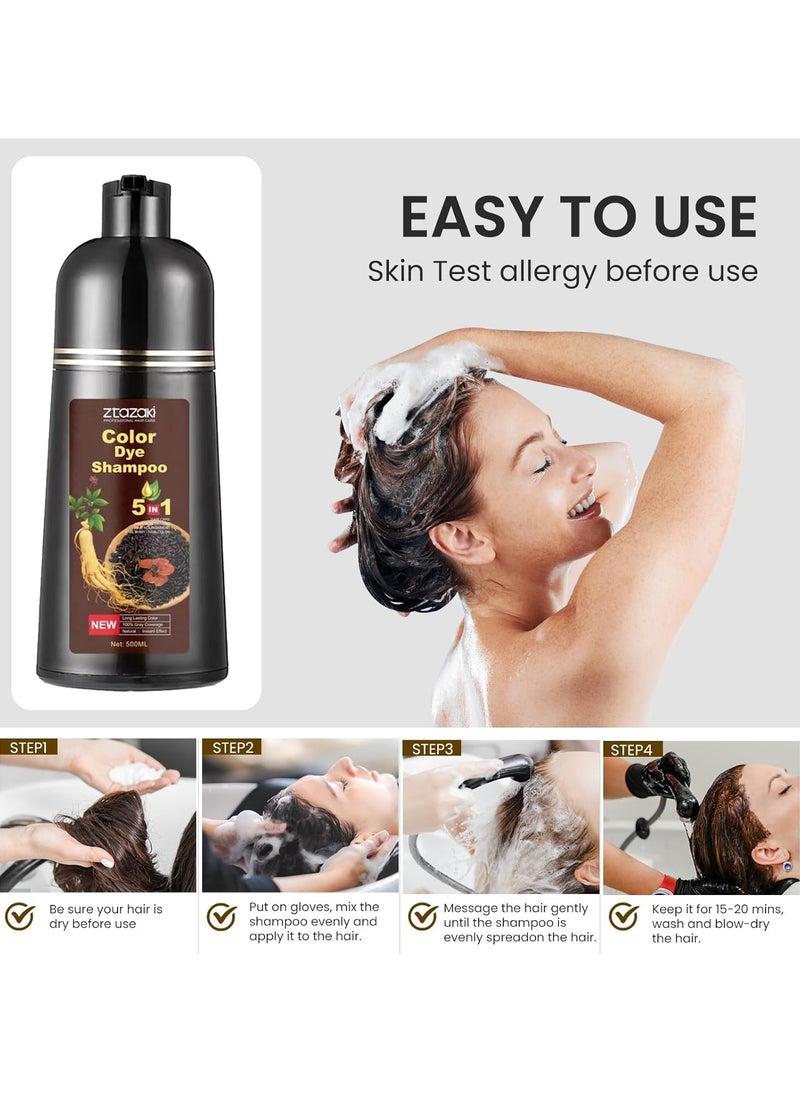 3 in 1 Hair Color Shampoo for Women – Covers Gray Hair Instantly, Dark Brown, with Ginseng, Argan Oil & Polygonum, Ammonia-Free, 250mL, At-Home Hair Dye Solution