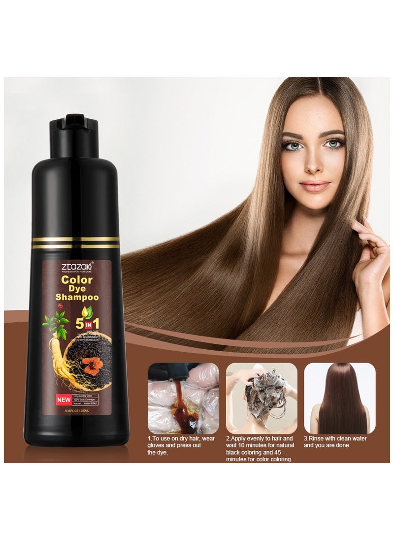 3 in 1 Hair Color Shampoo for Women – Covers Gray Hair Instantly, Dark Brown, with Ginseng, Argan Oil & Polygonum, Ammonia-Free, 250mL, At-Home Hair Dye Solution
