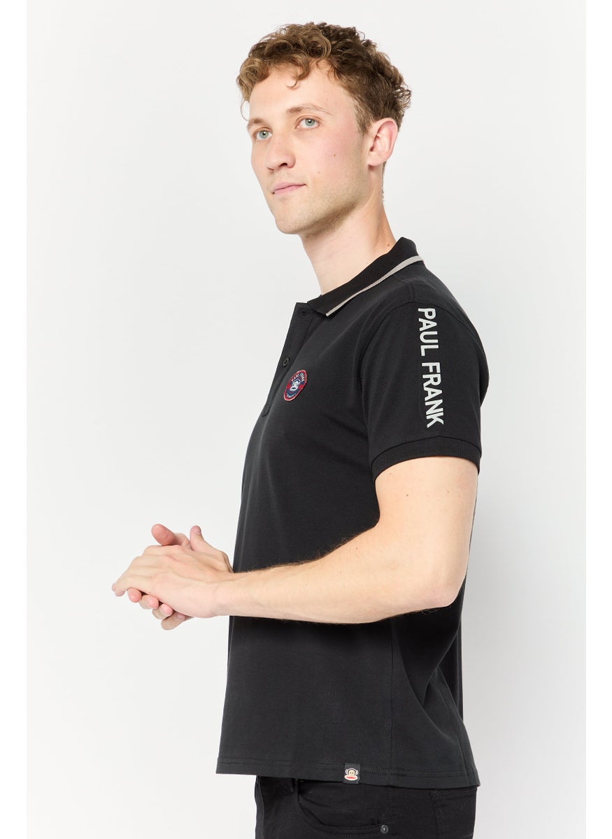 Men Regular Fit Brand Logo Short Sleeves Polo Shirt, Black