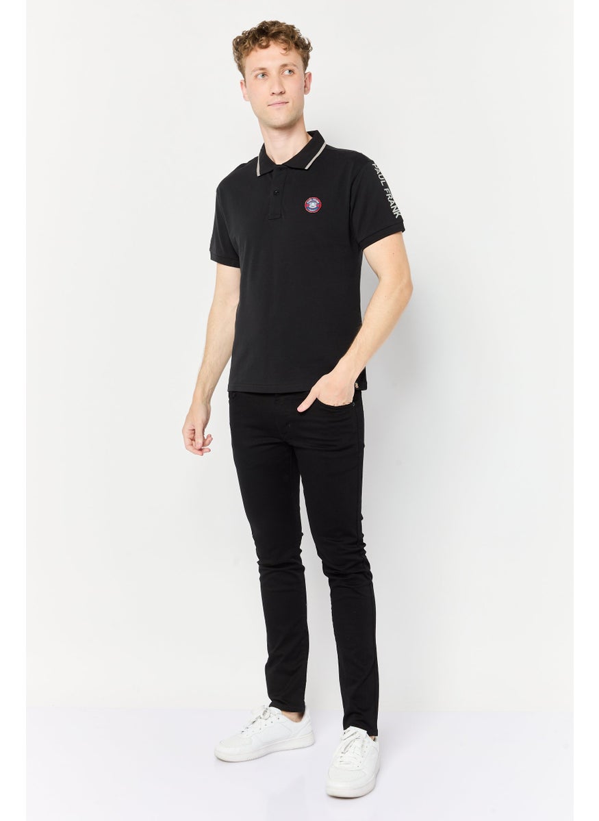 Men Regular Fit Brand Logo Short Sleeves Polo Shirt, Black
