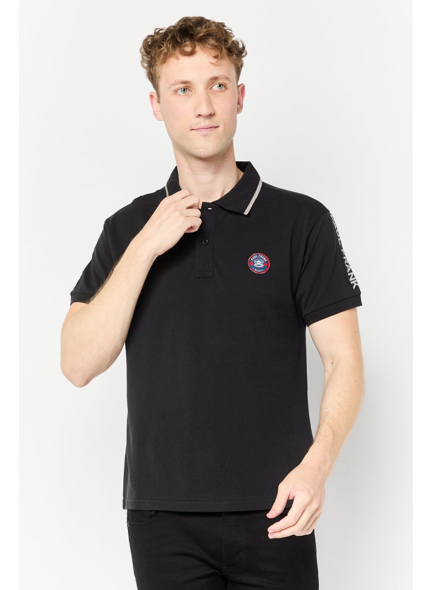 Men Regular Fit Brand Logo Short Sleeves Polo Shirt, Black