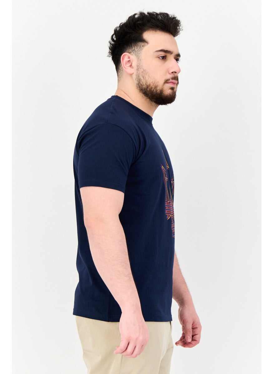 Men Crew Neck Short Sleeves Brand Logo T-shirt, Navy