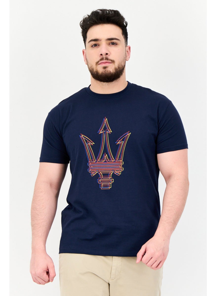 Men Crew Neck Short Sleeves Brand Logo T-shirt, Navy