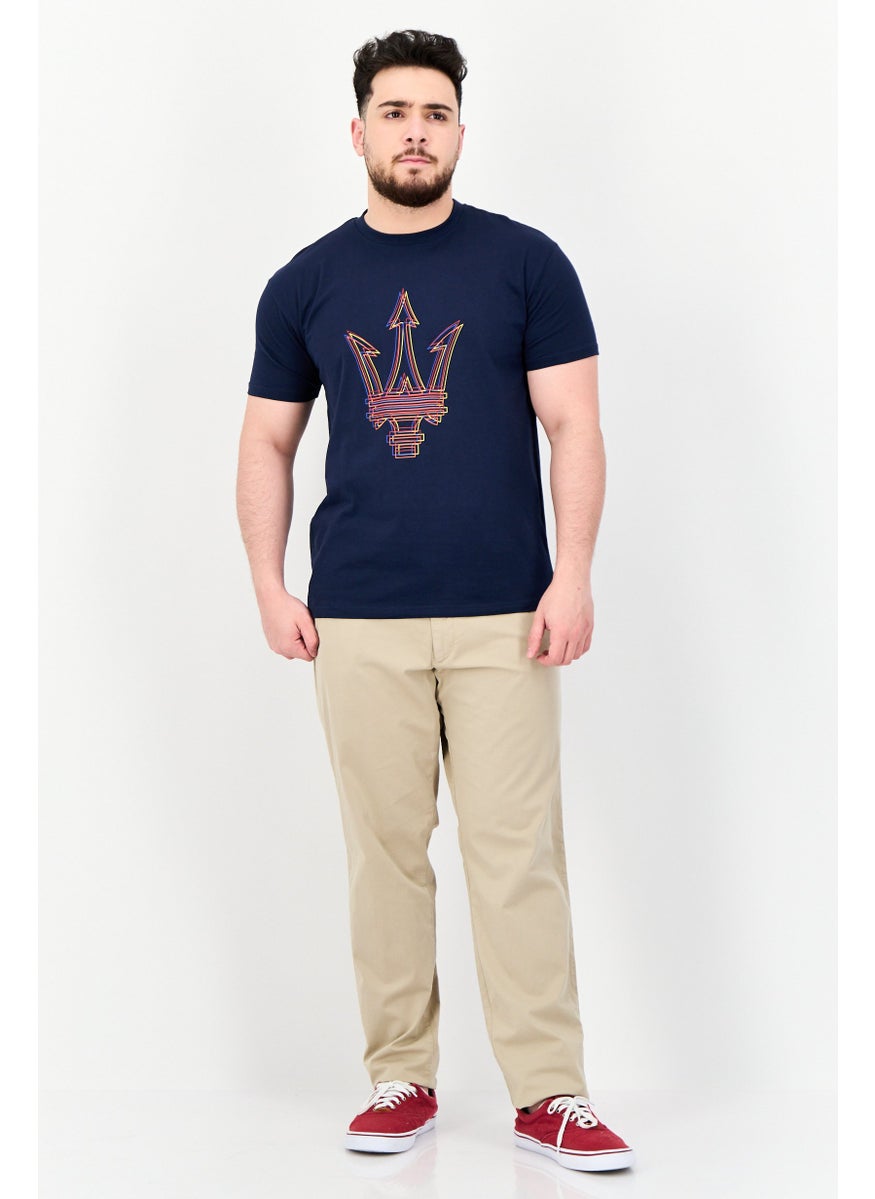 Men Crew Neck Short Sleeves Brand Logo T-shirt, Navy