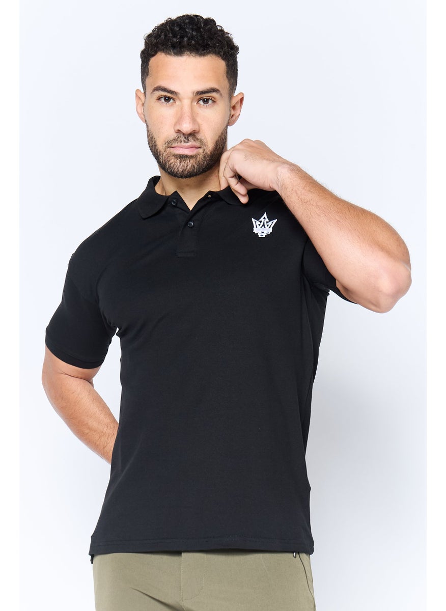 Men Regular Fit Embroidered Logo Short Sleeves Polo Shirt, Black