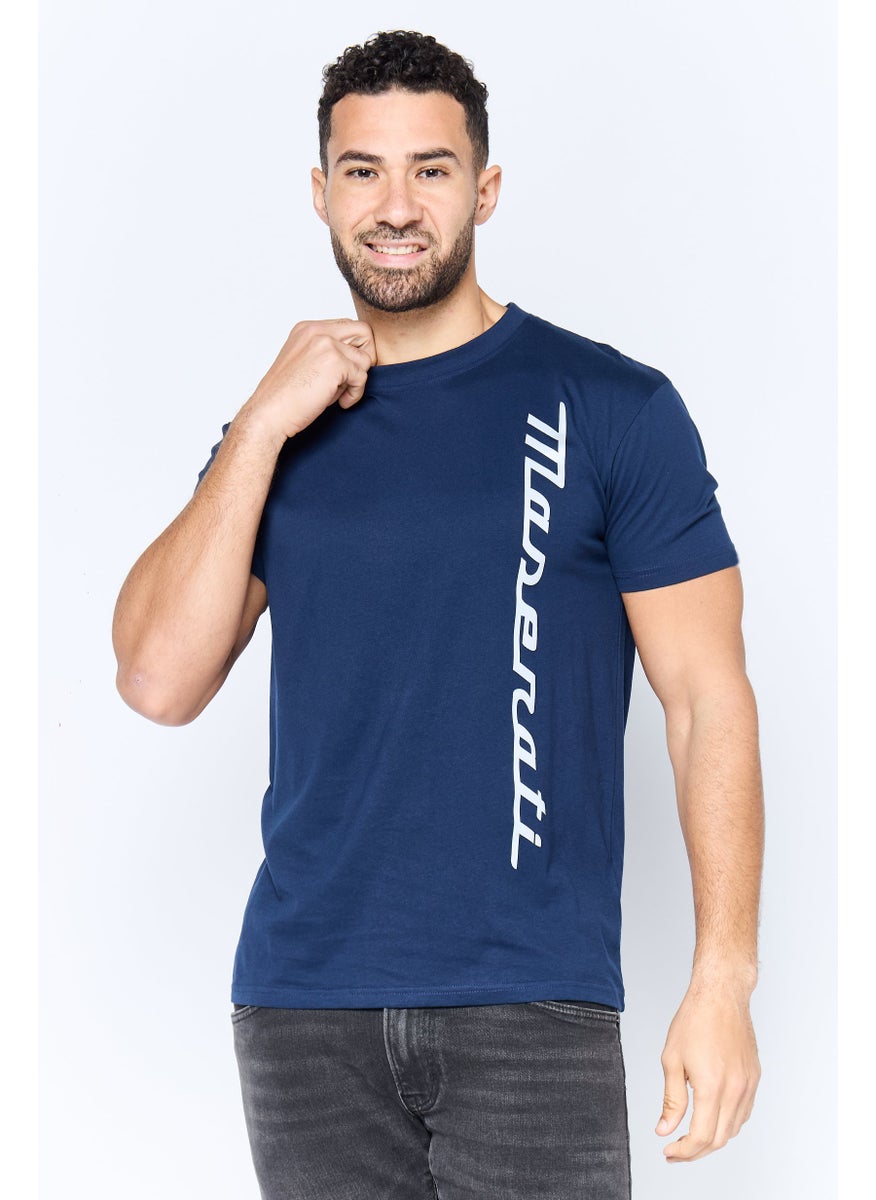Men Crew Neck Short Sleeve Brand Logo T-Shirt, Navy