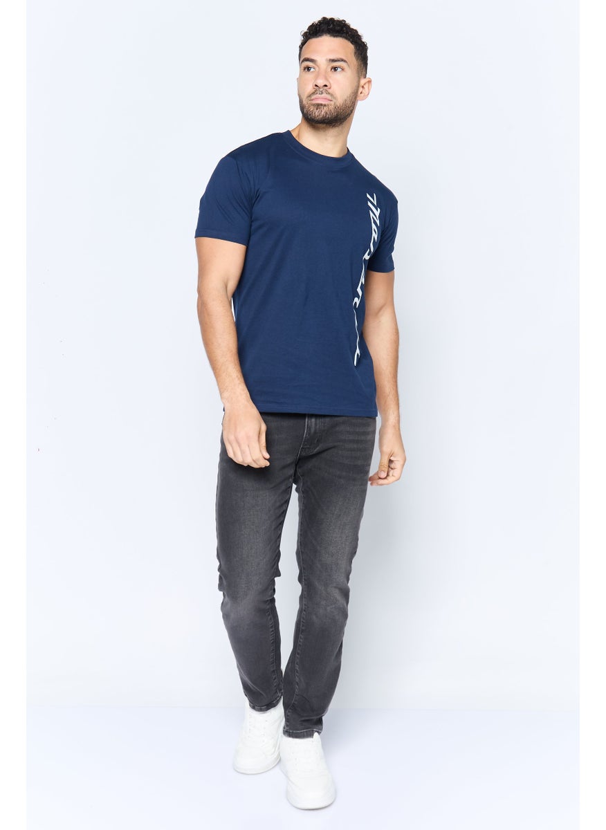 Men Crew Neck Short Sleeve Brand Logo T-Shirt, Navy