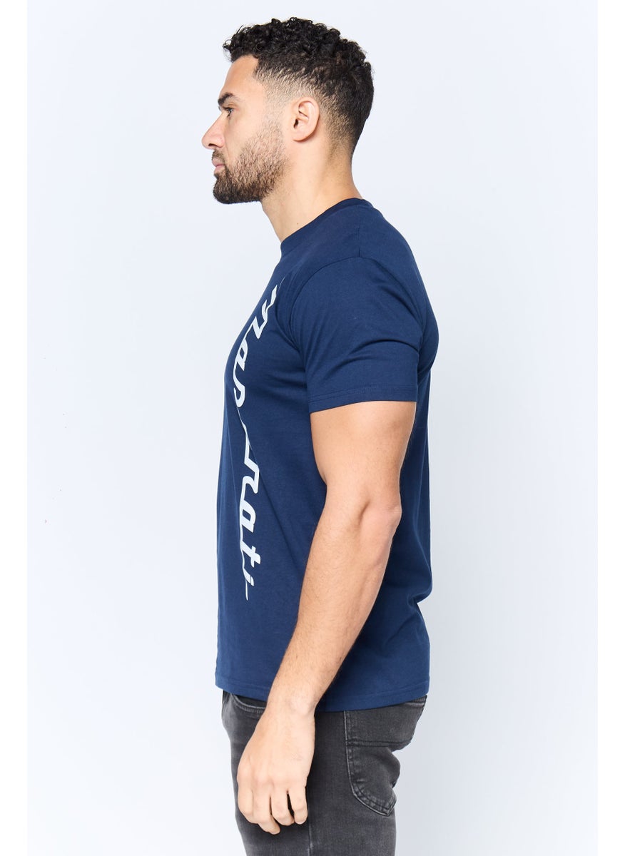 Men Crew Neck Short Sleeve Brand Logo T-Shirt, Navy