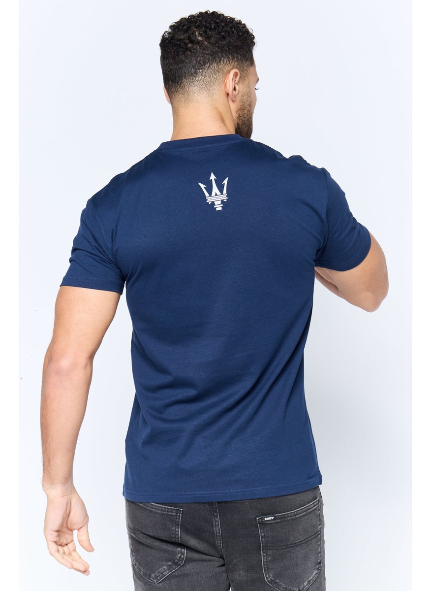 Men Crew Neck Short Sleeve Brand Logo T-Shirt, Navy