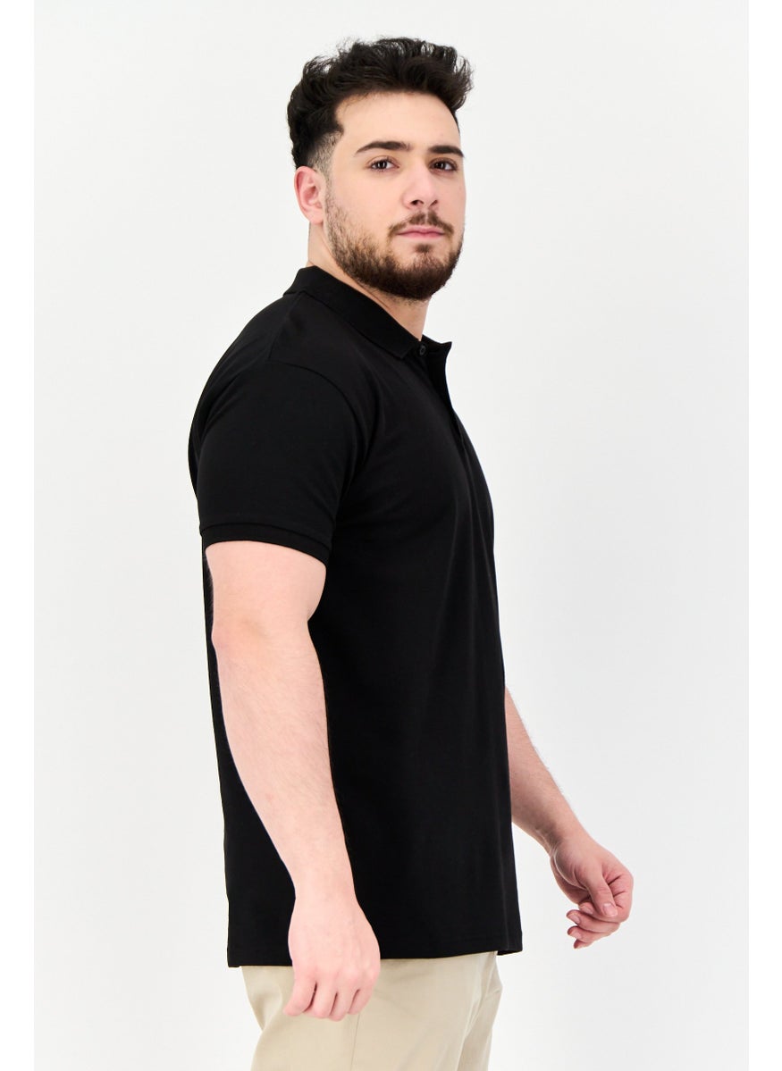 Men Regular Fit Short Sleeve Brand Logo Polo Shirt, Black