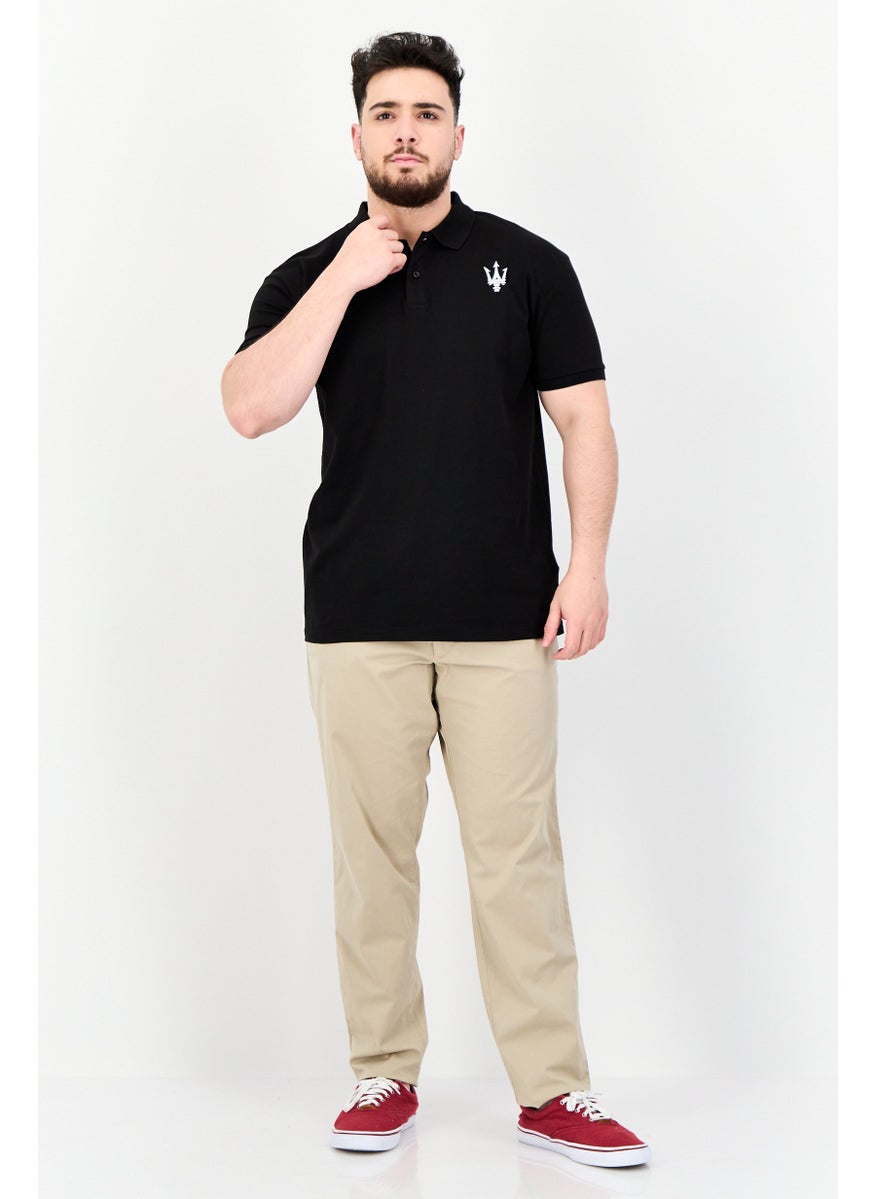Men Regular Fit Short Sleeve Brand Logo Polo Shirt, Black