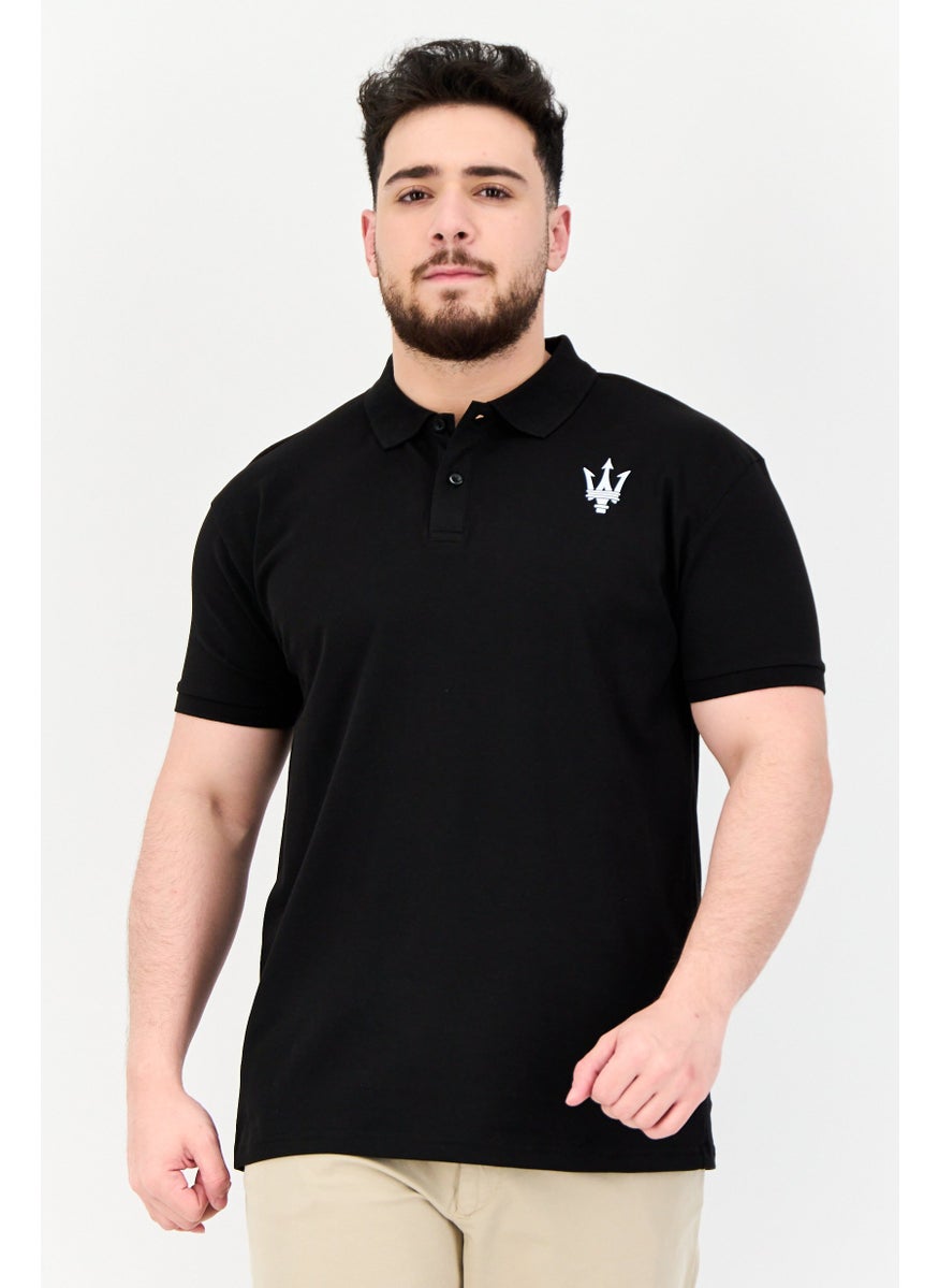 Men Regular Fit Short Sleeve Brand Logo Polo Shirt, Black
