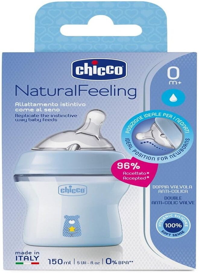 Chicco Natural Feeling Anti-Colic Bottle 0 Months + 150 ml, Baby Bottle with Teat in Soft and Flexible Silicone, Suitable for Mixed Breastfeeding, Slow Flow, Light Blue