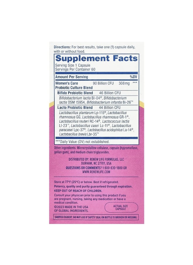 Renew Life, Women's Wellness, Women's Care Probiotic, 90 Billion CFU, 60 Vegetarian Capsules