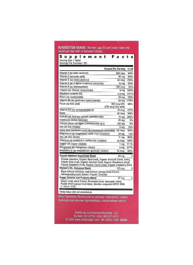 Rainbow Light, Women's One 50+, Daily Multivitamin, High Potency, 120 Vegetarian Tablets