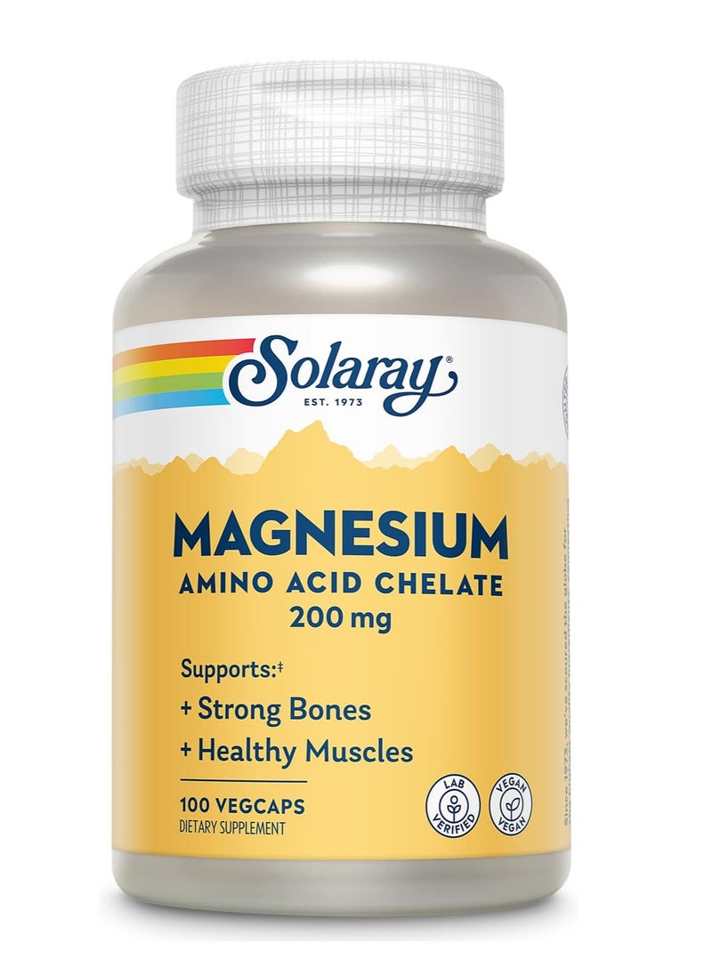 Magnesium Amino Acid Chelate 200 mg, Chelated Magnesium Supplement for Bone Health, Heart Health and Muscle Function Support, Vegan, 60-Day Money Back Guarantee, 100 Servings, 100 VegCaps