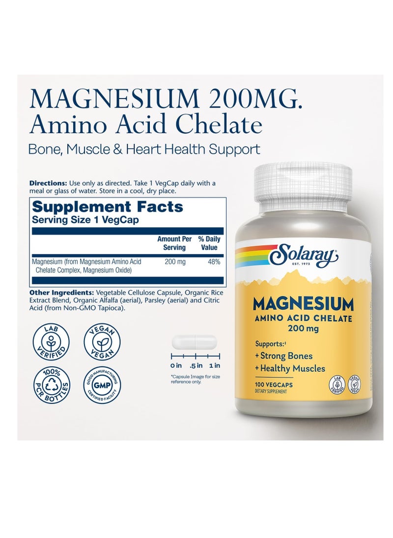 Magnesium Amino Acid Chelate 200 mg, Chelated Magnesium Supplement for Bone Health, Heart Health and Muscle Function Support, Vegan, 60-Day Money Back Guarantee, 100 Servings, 100 VegCaps