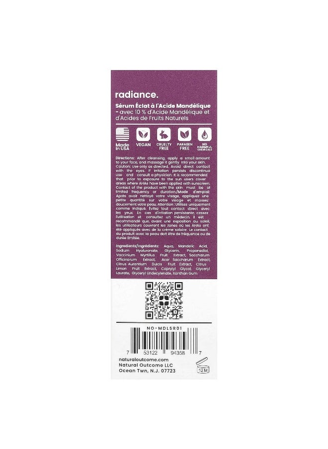 Natural Outcome, Mandelic, Radiance Serum, Fragrance Free, 1 oz (30 ml)