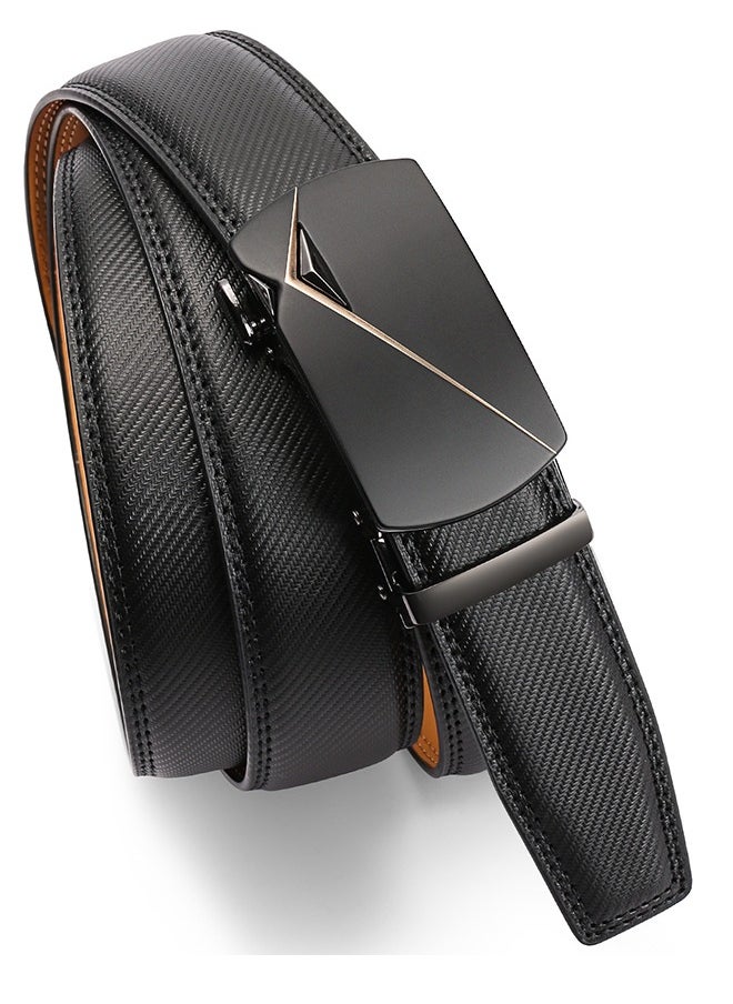 Leather Belt for Men Automatic Ratchet Buckle Slide Dress Casual Belts 1 3/8'' Wide Adjustable Trim to Fit(Black-20)