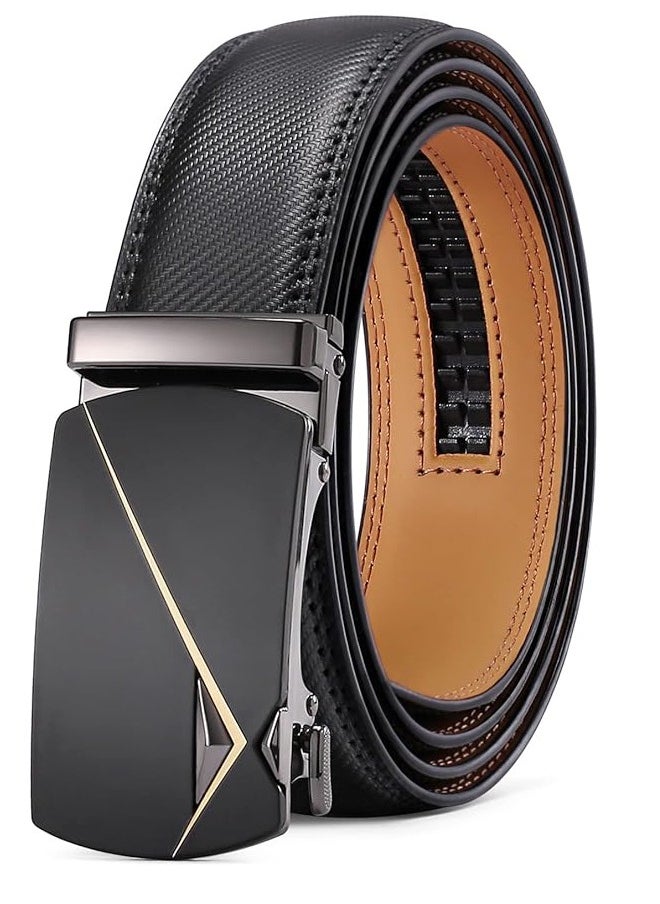 Leather Belt for Men Automatic Ratchet Buckle Slide Dress Casual Belts 1 3/8'' Wide Adjustable Trim to Fit(Black-20)