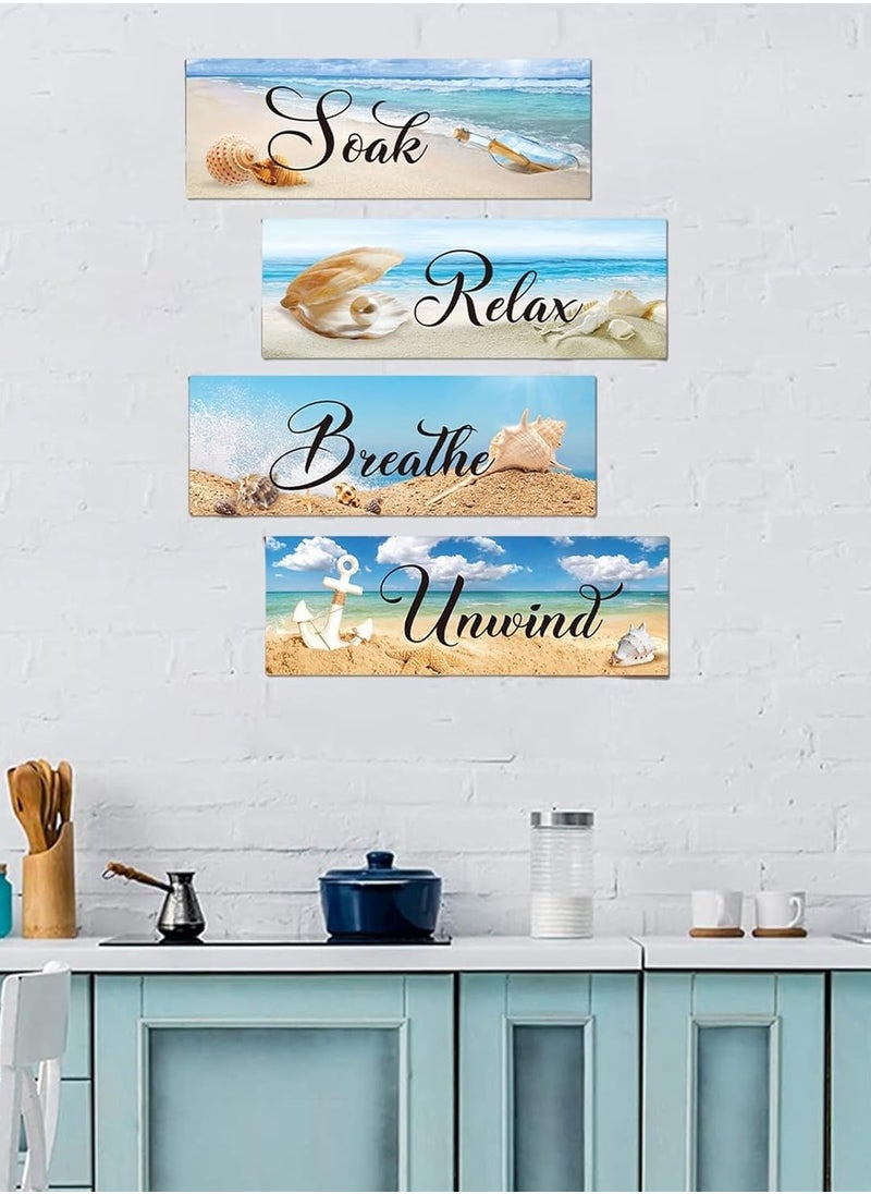 4 Pieces Ocean Beach Bathroom Wall Decors Wood Wall Art Bathroom Sign Hanging Wooden Sign for Living Room Laundry Bathroom Spa Washroom