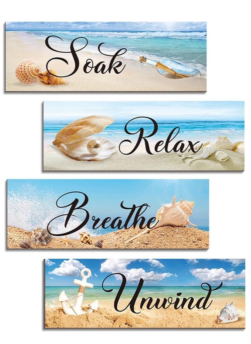 4 Pieces Ocean Beach Bathroom Wall Decors Wood Wall Art Bathroom Sign Hanging Wooden Sign for Living Room Laundry Bathroom Spa Washroom