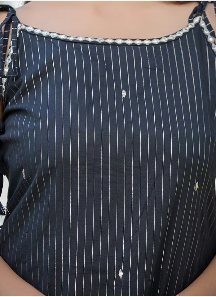 Black Sleeveless Cotton Kurta Pant Set with Dupatta