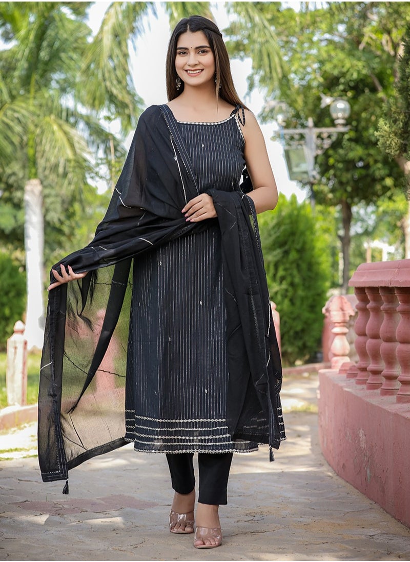 Black Sleeveless Cotton Kurta Pant Set with Dupatta