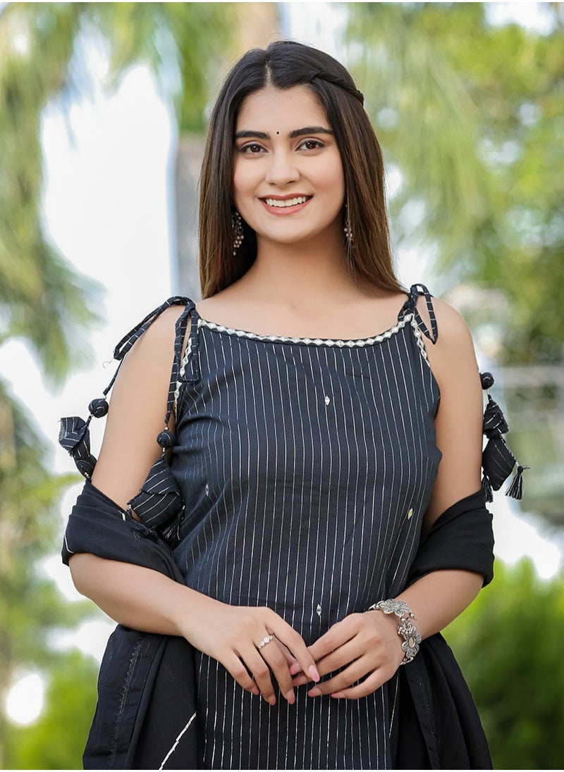 Black Sleeveless Cotton Kurta Pant Set with Dupatta