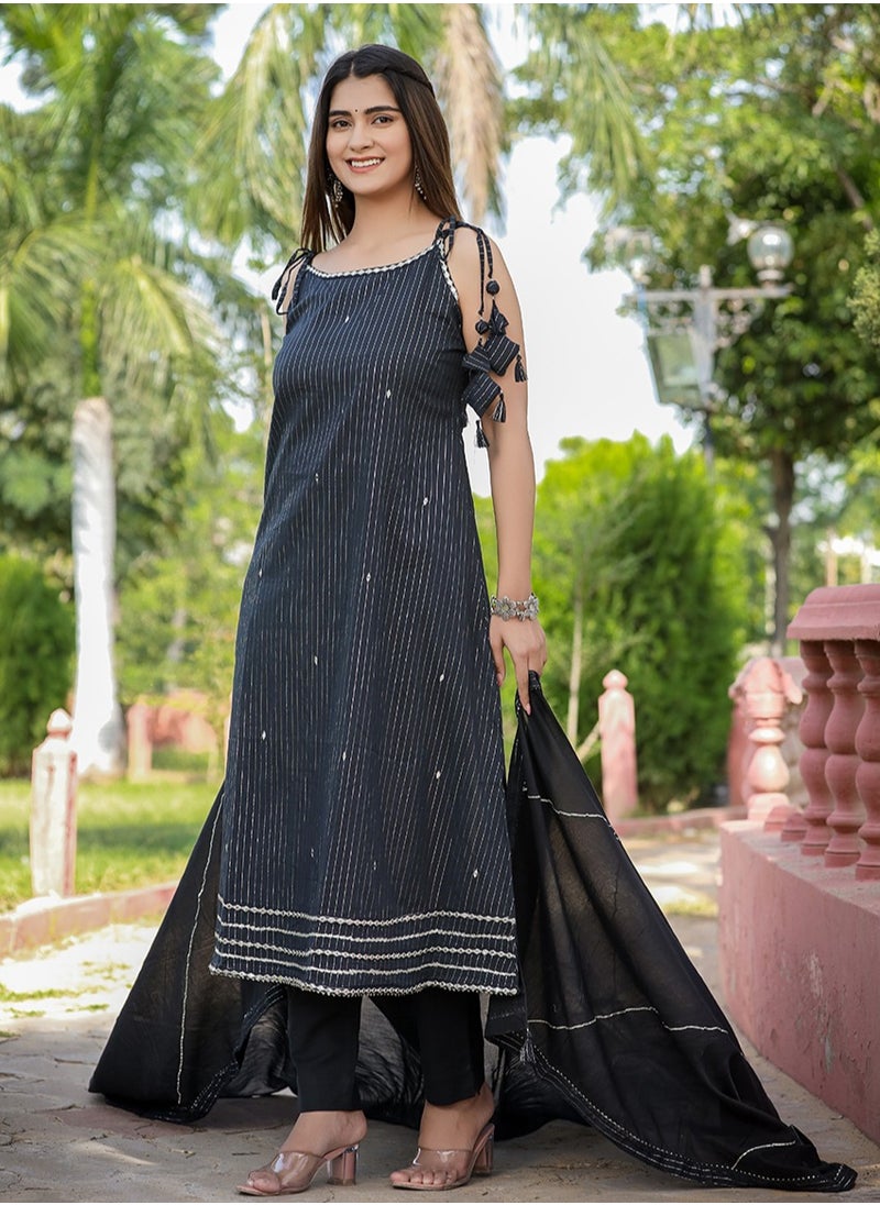 Black Sleeveless Cotton Kurta Pant Set with Dupatta