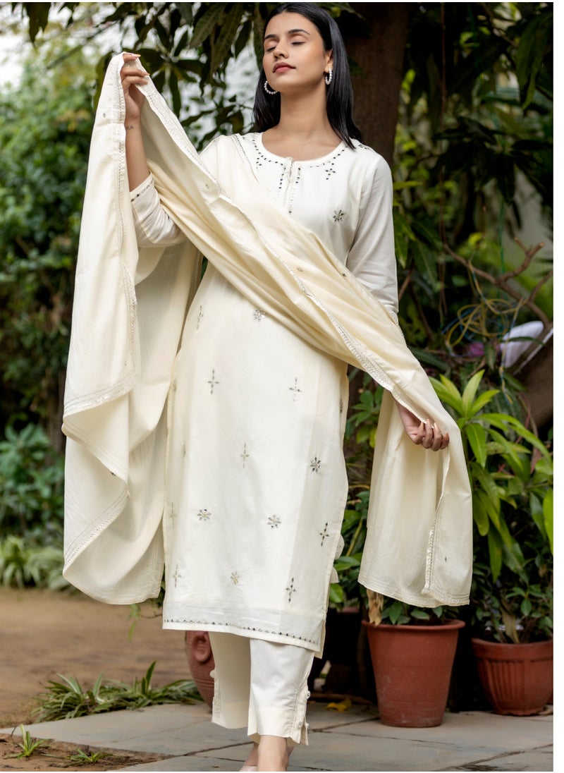 Off-White Cotton Kurta Pant Set with Mirror Embroidery & Dupatta