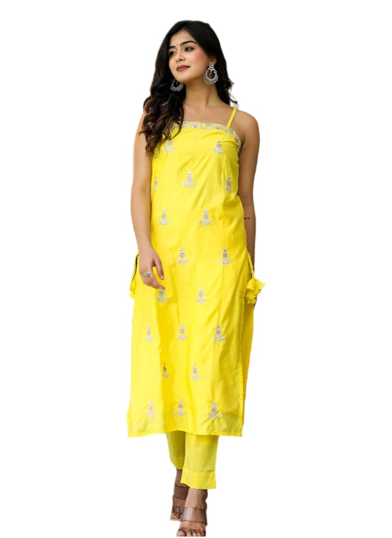 Yellow Silk Sleeveless Kurta Pant Set with Dupatta