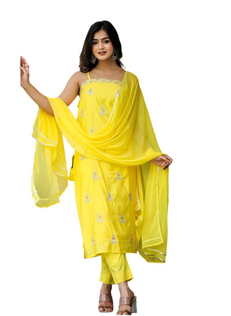 Yellow Silk Sleeveless Kurta Pant Set with Dupatta