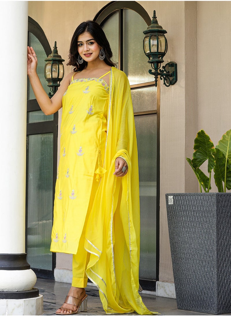 Yellow Silk Sleeveless Kurta Pant Set with Dupatta
