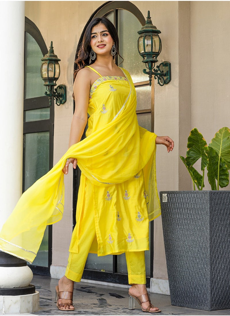 Yellow Silk Sleeveless Kurta Pant Set with Dupatta